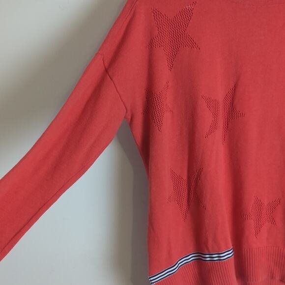 Oversized Cotton Casual Sweater Orange with Open Knit Stars Pattern Size Small - Picture 3 of 11